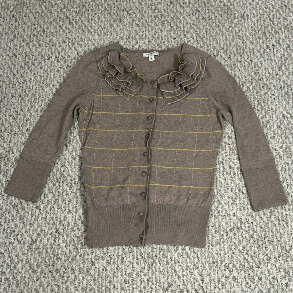 Banana Republic Grey Plaid Ruffle Cardigan Sweater Women's Small S Wool Blend
